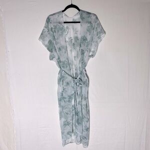 5/$25 Women’s Sheer White W Green Floral Print Swim Cover Wrap W Belt L